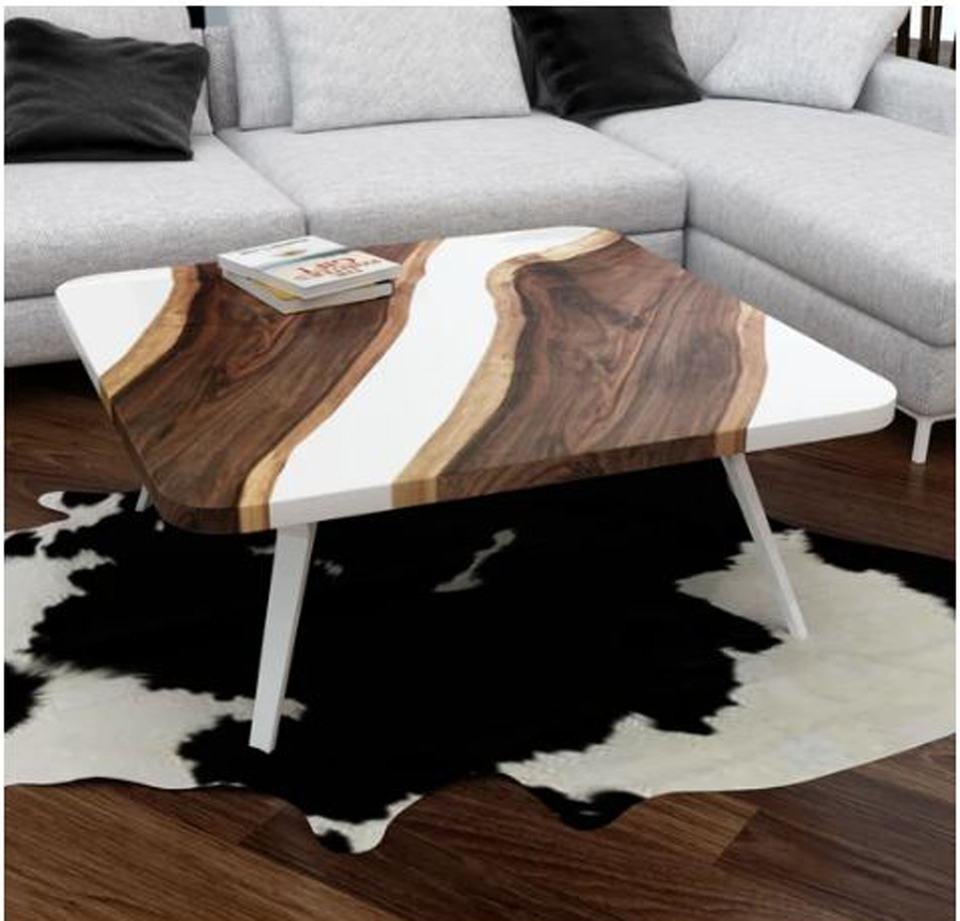 Luxury Live Edge Acacia Solid Wood Coffee Table with White Epoxy Resin - Image 2