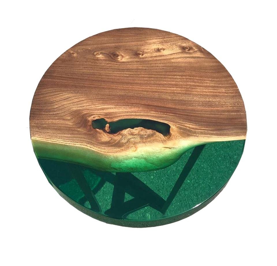 Modern Live Edge Solid Wood Round Coffee Table with Green Epoxy - Image 2