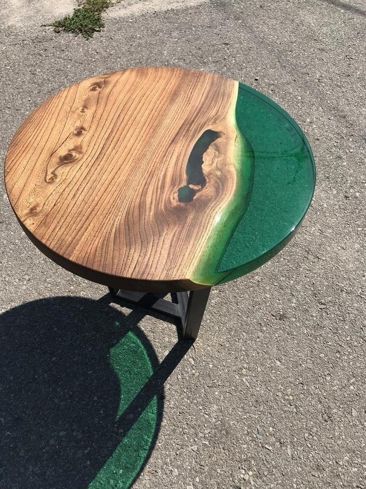 Modern Live Edge Solid Wood Round Coffee Table with Green Epoxy - Image 3