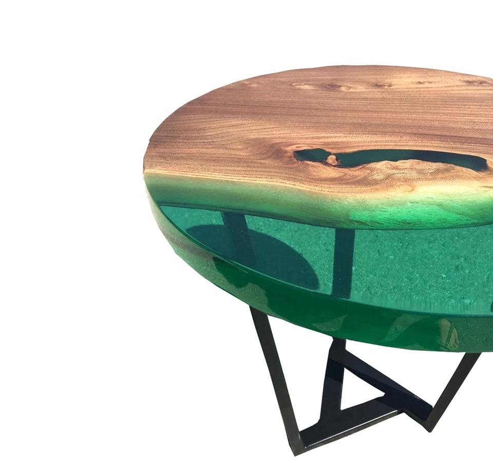 Modern Live Edge Solid Wood Round Coffee Table with Green Epoxy - Image 5