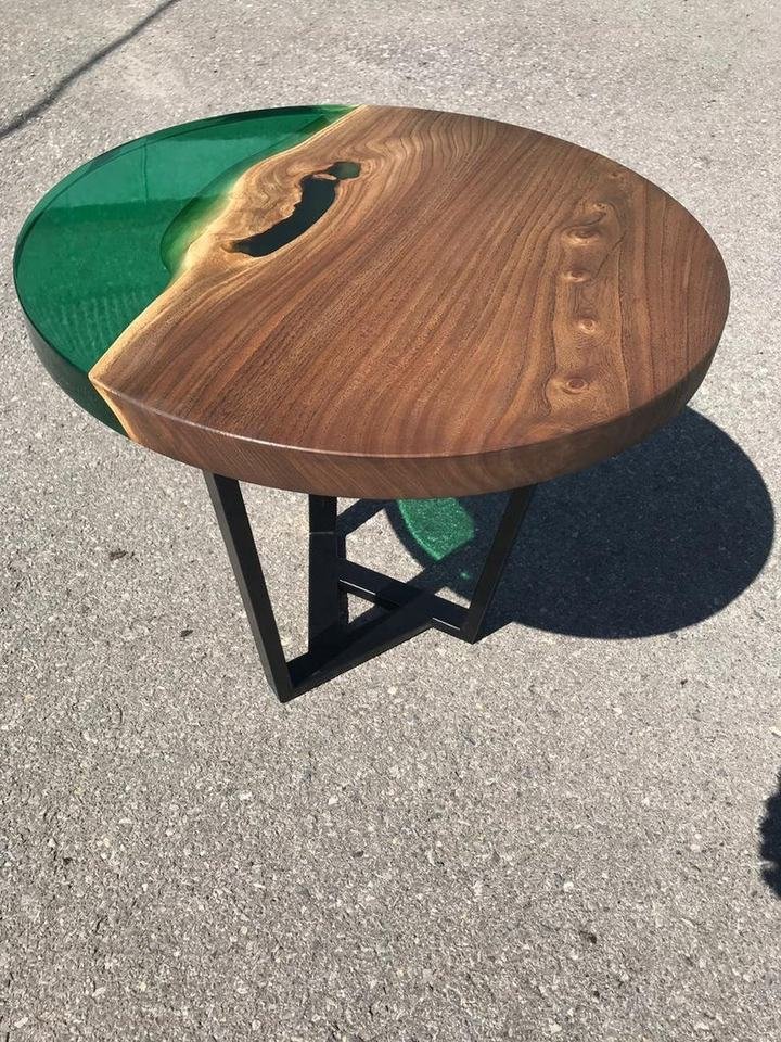 Modern Live Edge Solid Wood Round Coffee Table with Green Epoxy - Image 4