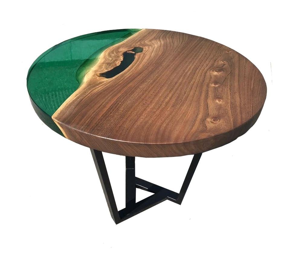 Modern Live Edge Solid Wood Round Coffee Table with Green Epoxy - Image 7