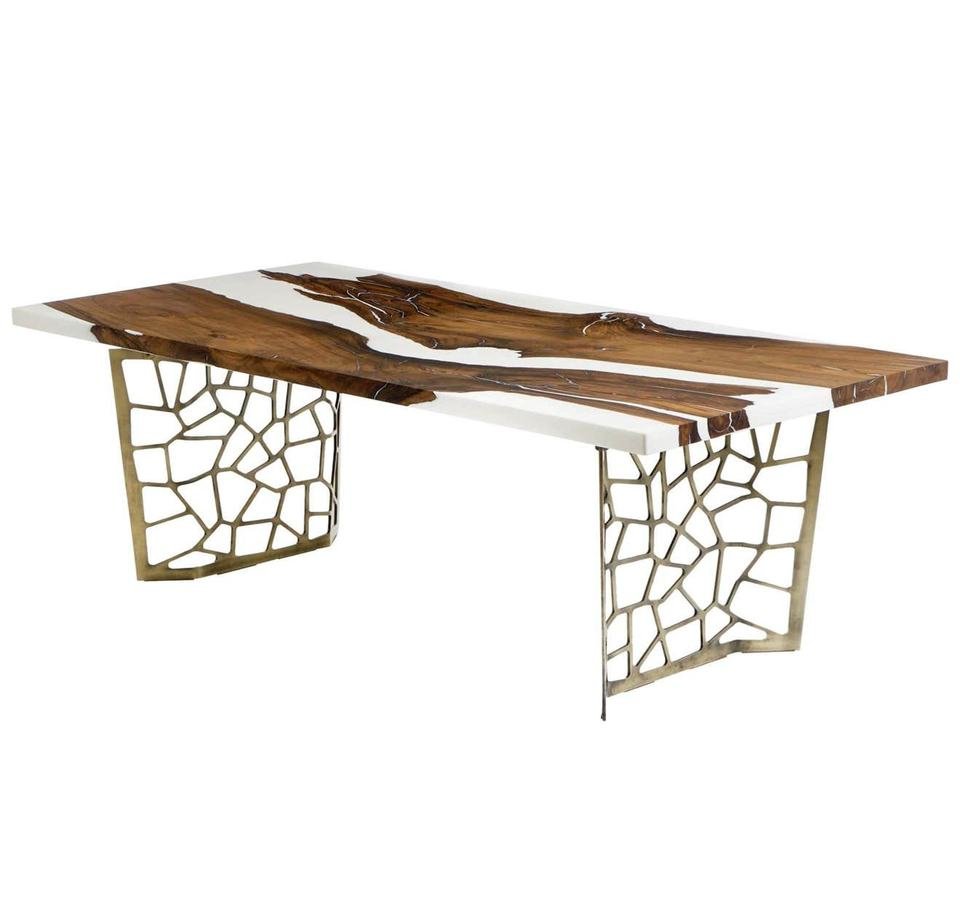 High-End Modern Solid Live Edge Wood & White Epoxy Resin Dining Table - Image 2