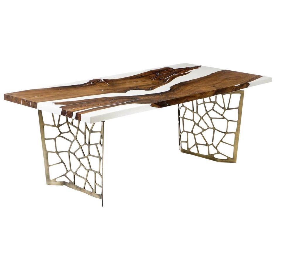 High-End Modern Solid Live Edge Wood & White Epoxy Resin Dining Table - Image 4